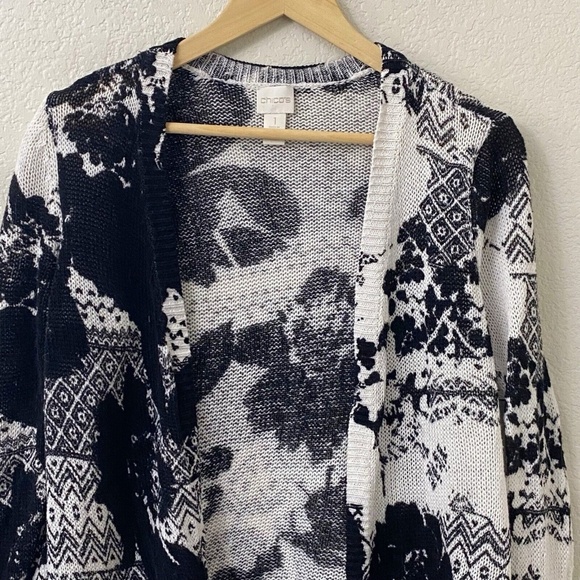 Chicos Linen Blend Sweater Cardigan 1 or Medium Black White Open Front - Picture 2 of 4